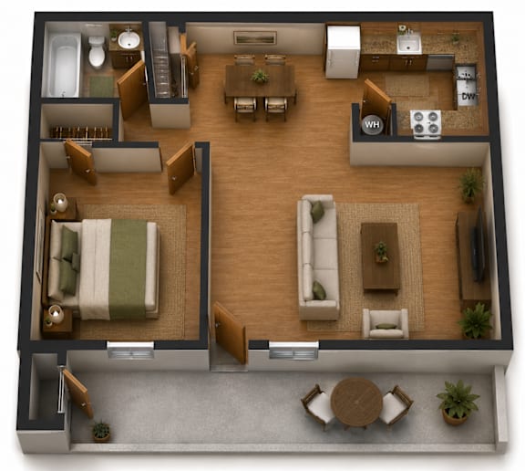 A top-down view of a two-bedroom apartment with a living room, kitchen, and bathroom.