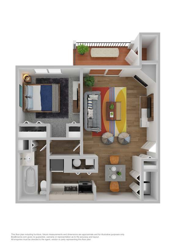 A 3D floor plan of a furnished apartment.