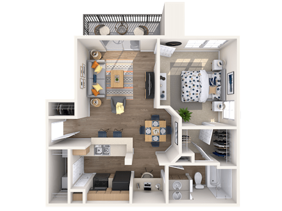 A 3D floor plan of a small apartment with a kitchen, living room, and bedroom.