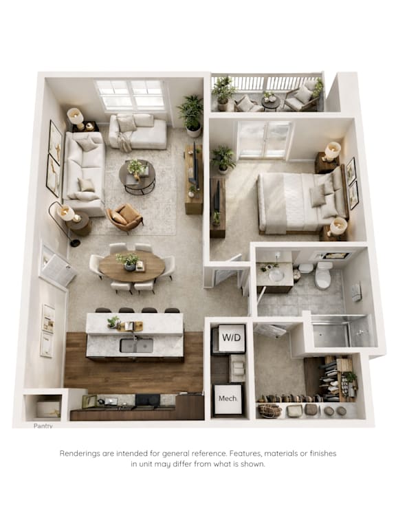 A top-down view of a well-furnished apartment with a kitchen, living room, dining area, and bedrooms.