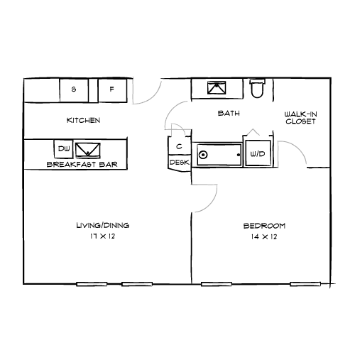 A floor plan of a house with a kitchen, living room, dining room, bathroom, bedroom, and walk-in closet.