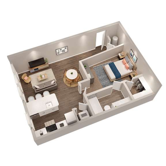 A 3D floor plan of a small apartment with a kitchen, living room, and bedroom.