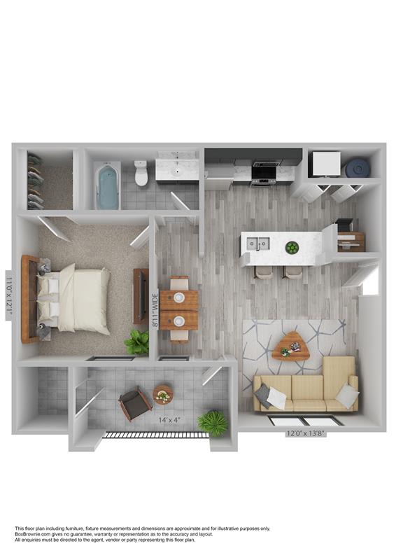 A floor plan of a small apartment with a living room, kitchen, and bathroom.