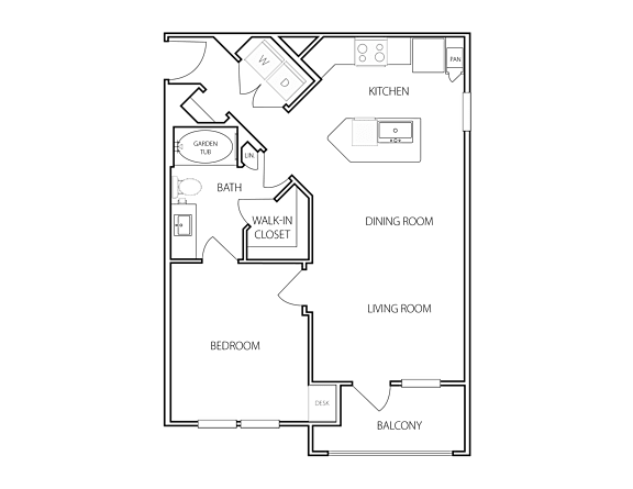 A floor plan of a house with a living room, dining room, bedroom, and bathroom.
