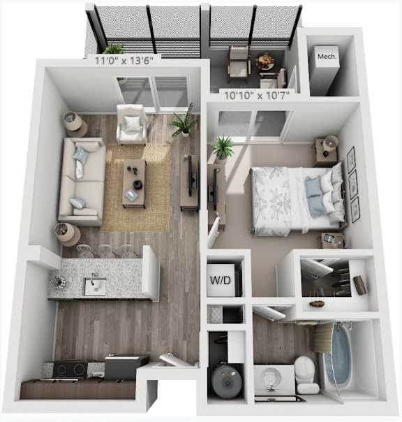 A floor plan of a small apartment with two bedrooms and a living area.