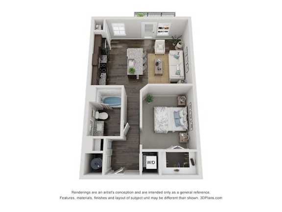 A 3D floor plan of a small apartment with a kitchen, living room, and bedroom.