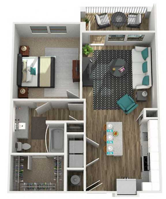 A floor plan of a small apartment with a kitchen, living room, and bathroom.