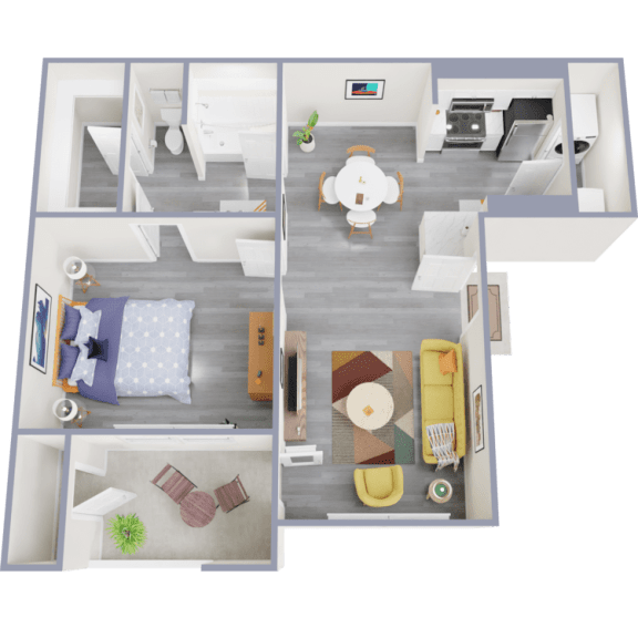 a 3d rendering of our 1 bedroom apartment at princeton court apartments in dallas