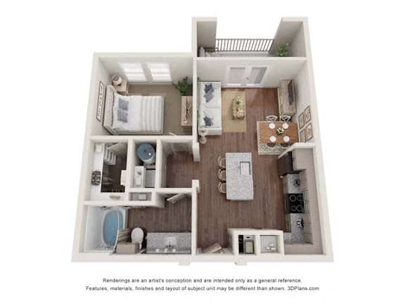 A 3D floor plan of a small apartment with a kitchen, living room, and bathroom.