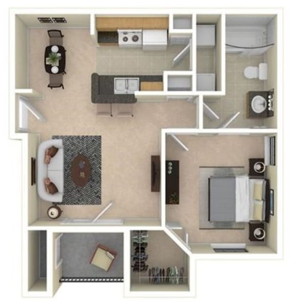 A top-down view of a small apartment with a kitchen, living room, and bathroom.