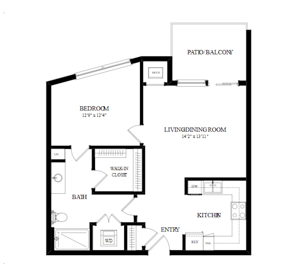 A floor plan of a home with a bedroom, bathroom, living room, and kitchen.