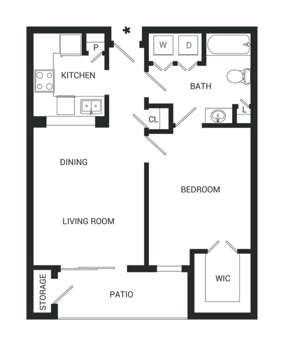 A floor plan of a house with a kitchen, bathroom, dining area, bedroom, living room, and patio.