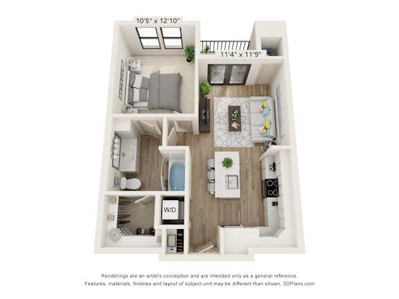 A 3D rendered image of a small apartment layout.