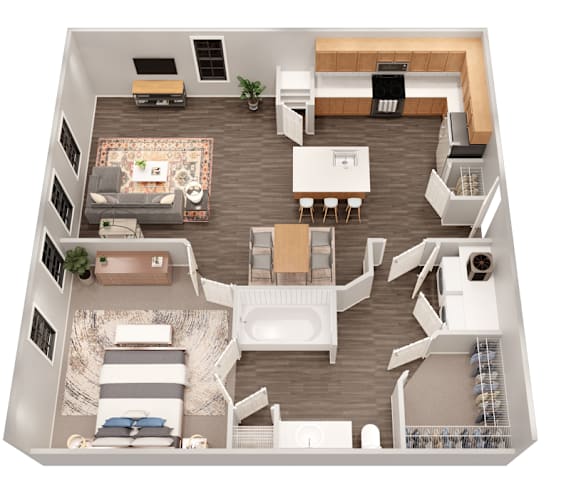 A top down view of a living room, kitchen, and bedroom in a house.