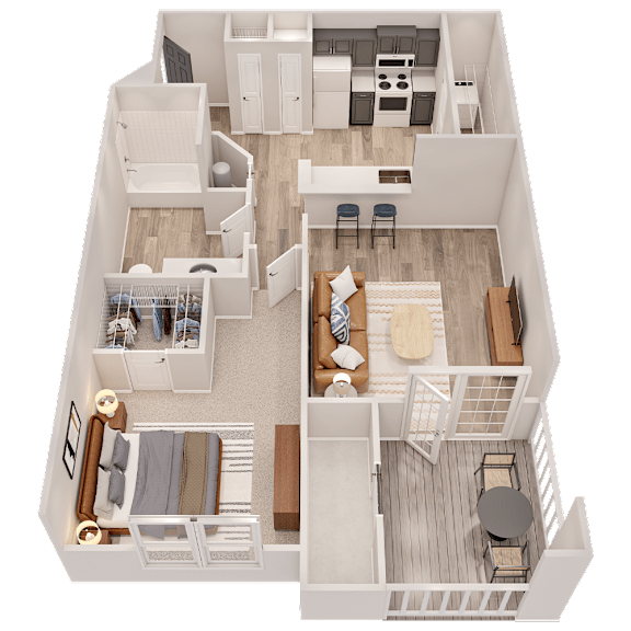 A top-down view of a small apartment with a kitchen, living room, and bedroom.