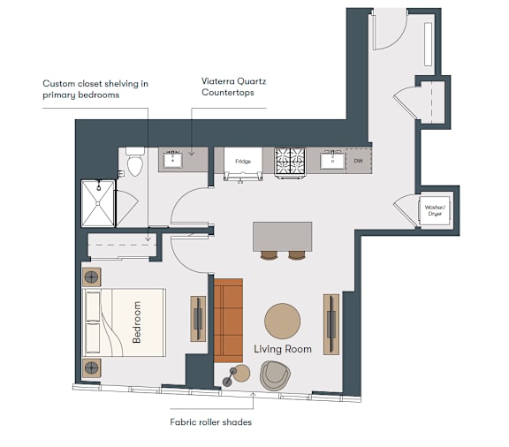A floor plan of a living space with a bedroom and living room.