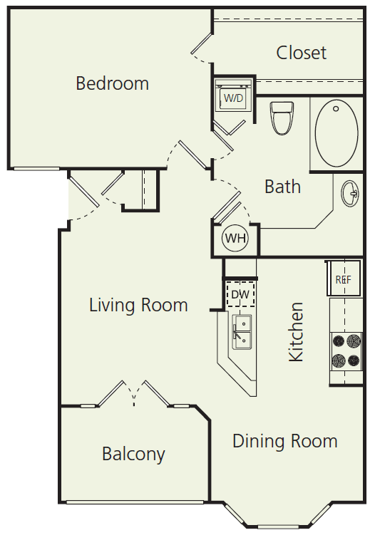 A floor plan of a house with a bedroom, living room, kitchen, dining room, and balcony.