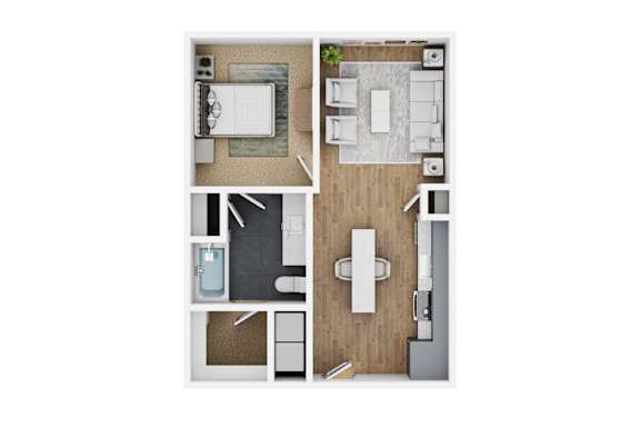A floor plan of a house with two bedrooms, a living room, a kitchen, and a bathroom.