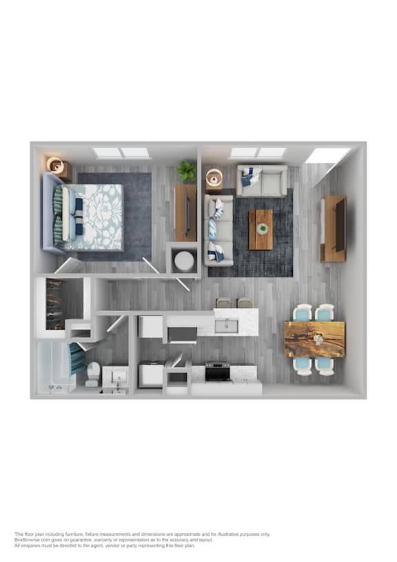 A top-down view of a room with a bed, a couch, a desk, and a chair.