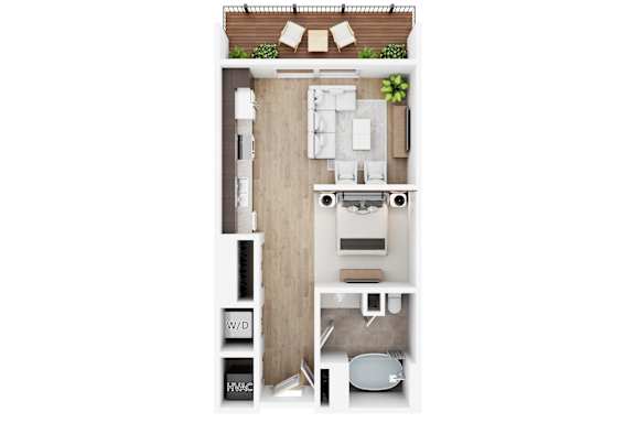 A floor plan of a small apartment with a kitchen, living room, and bathroom.