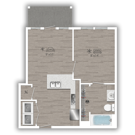 A floor plan of a house with a kitchen, living room, and bathroom.