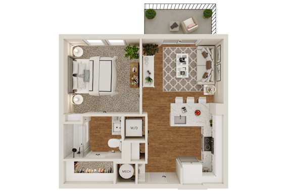 A floor plan of a home with a living room, kitchen, bathroom, bedroom, and balcony.