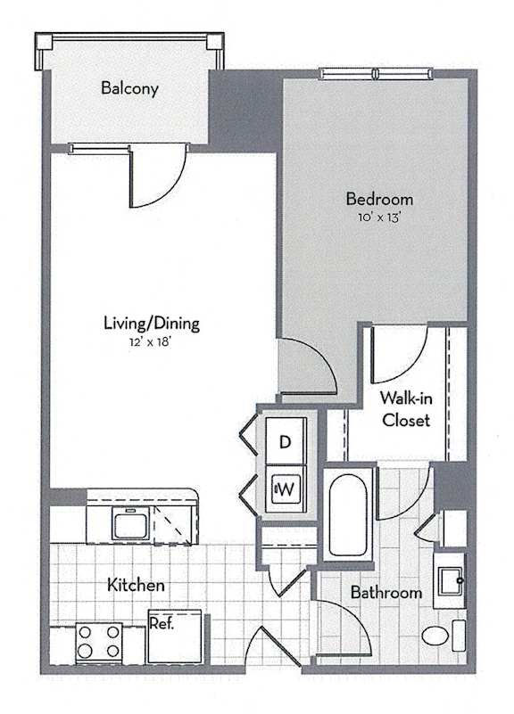 A floor plan of a small apartment with a living room, dining room, kitchen, bathroom, bedroom, and balcony.