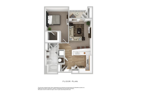 A floor plan of a small apartment with a kitchen, living room, and bathroom.