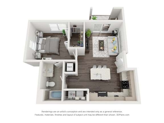 A 3D floor plan of a house with a kitchen, living room, and bathroom.