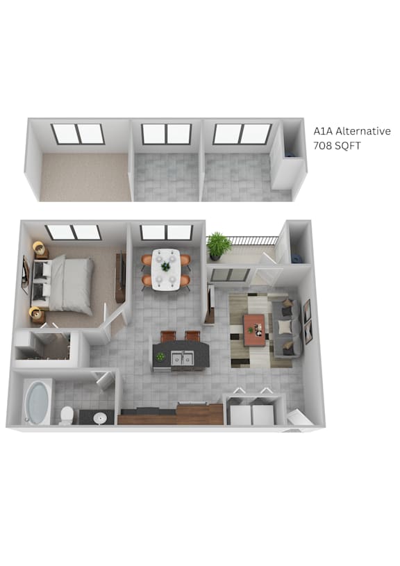 A 3D floor plan of a 708 square foot apartment.