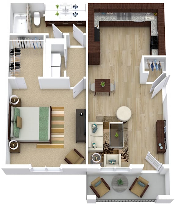 A black and white image of a floor plan for a small apartment.