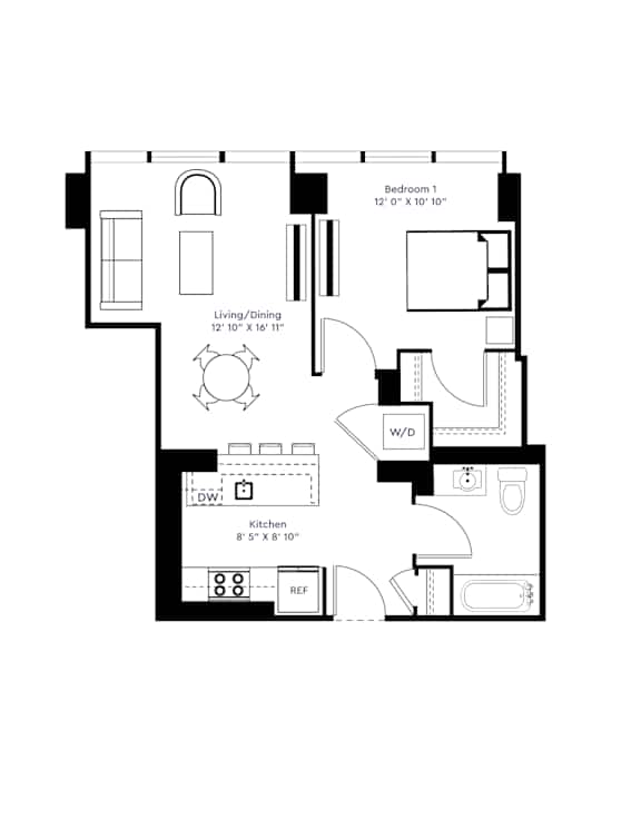 A black and white image of a floor plan for a small apartment.