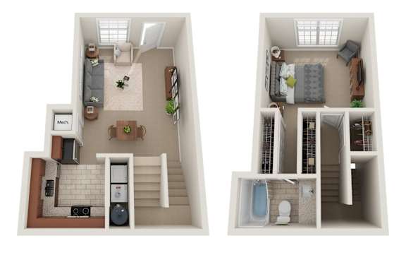 A floor plan of a two-bedroom apartment with a kitchen, living room, and bathroom.