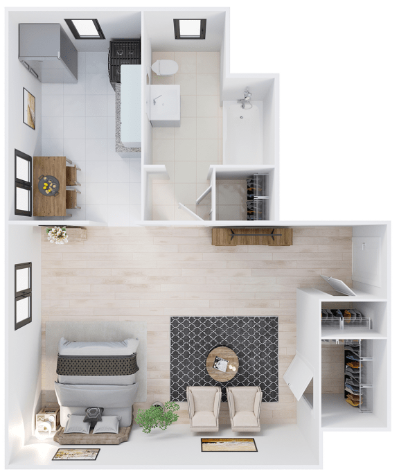 a top down view of our one bedroom apartment at princeton court apartments in dallas,