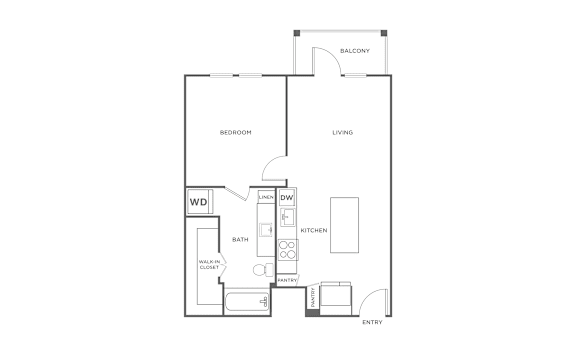 A floor plan of an apartment with a bedroom, living room, kitchen, and bathroom.
