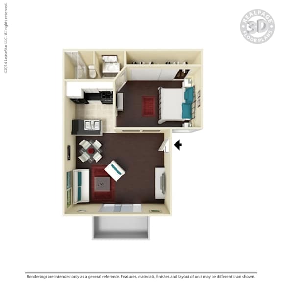A 3D floor plan of a small apartment with a kitchen, living room, and bathroom.