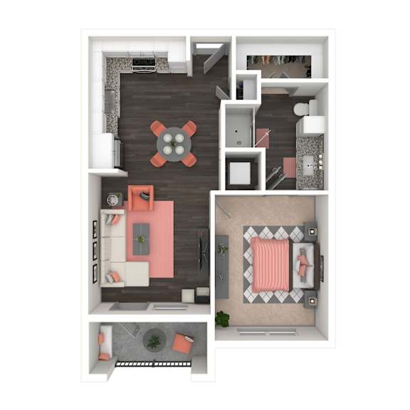 A modern apartment layout with a kitchen, living room, and bathroom.