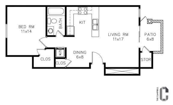 A black and white floor plan of a house with a bedroom, bathroom, kitchen, dining room, living room, and patio.