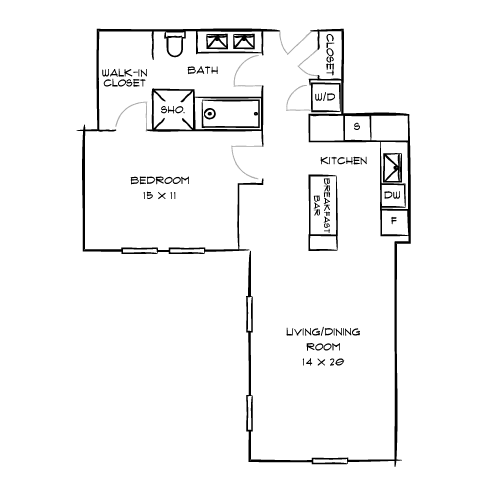 A floor plan of a house with a bedroom, bathroom, living room, kitchen, and walk-in closet.