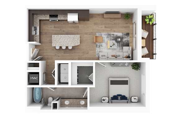 A top-down view of a small apartment with a kitchen, living room, and bathroom.