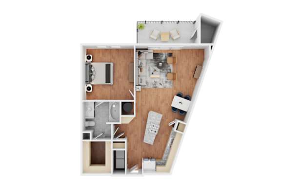 A top down view of a house layout with a kitchen, living room, and bathroom.