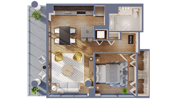 A top-down view of a living room with a dining area and kitchen.