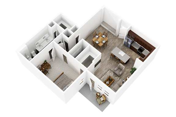 A white two-story house with a living room, dining room, kitchen, and bedrooms.