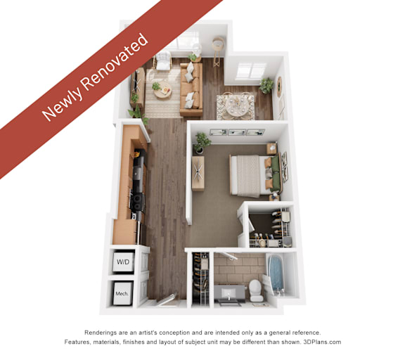 A 3D floor plan of a newly renovated apartment.