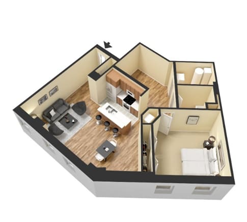 A 3D image of a house layout with a kitchen, living room, and bedrooms.
