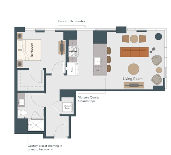 A diagram of a house layout with a living room, bedroom, and countertops.