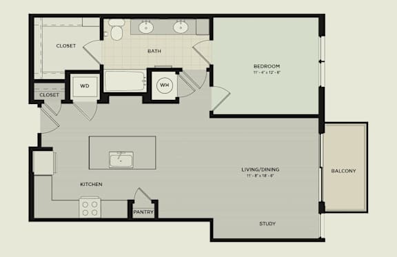 A floor plan of a house with a bedroom, living room, kitchen, pantry, and two closets.