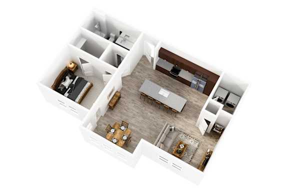 A white floor plan of a house with a living room, dining room, kitchen, and bedrooms.