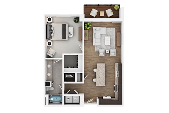 A top-down view of a room with a kitchen, living room, and bathroom.