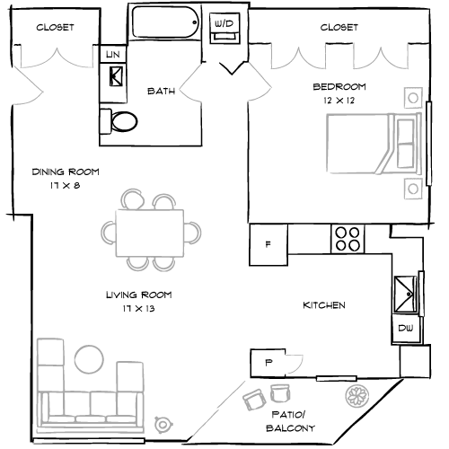 A floor plan of a house with a living room, dining room, kitchen, and bedrooms.